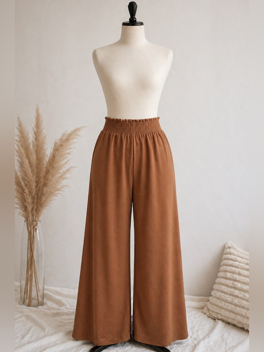 Smocked-Waist Wide Leg Pants in Warm Brown